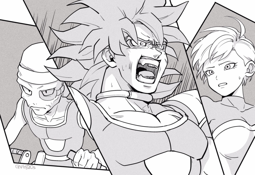 1girl 2boys angry armor breasts broly_(dragon_ball_super) chirai commentary_request d: dragon_ball dragon_ball_super dragon_ball_super_broly expressionless eyelashes female floating_hair gloves grey_background greyscale hat highres jewelry lemo_(dragon_ball) looking_away monochrome multiple_boys necklace nervous no_humans open_mouth outside_border panels sad scar scouter shaded_face sharp_teeth short_hair simple_background single_glove sweatdrop tama_azusa_hatsu teeth twitter_username two-tone_background white_background white_gloves white_hair