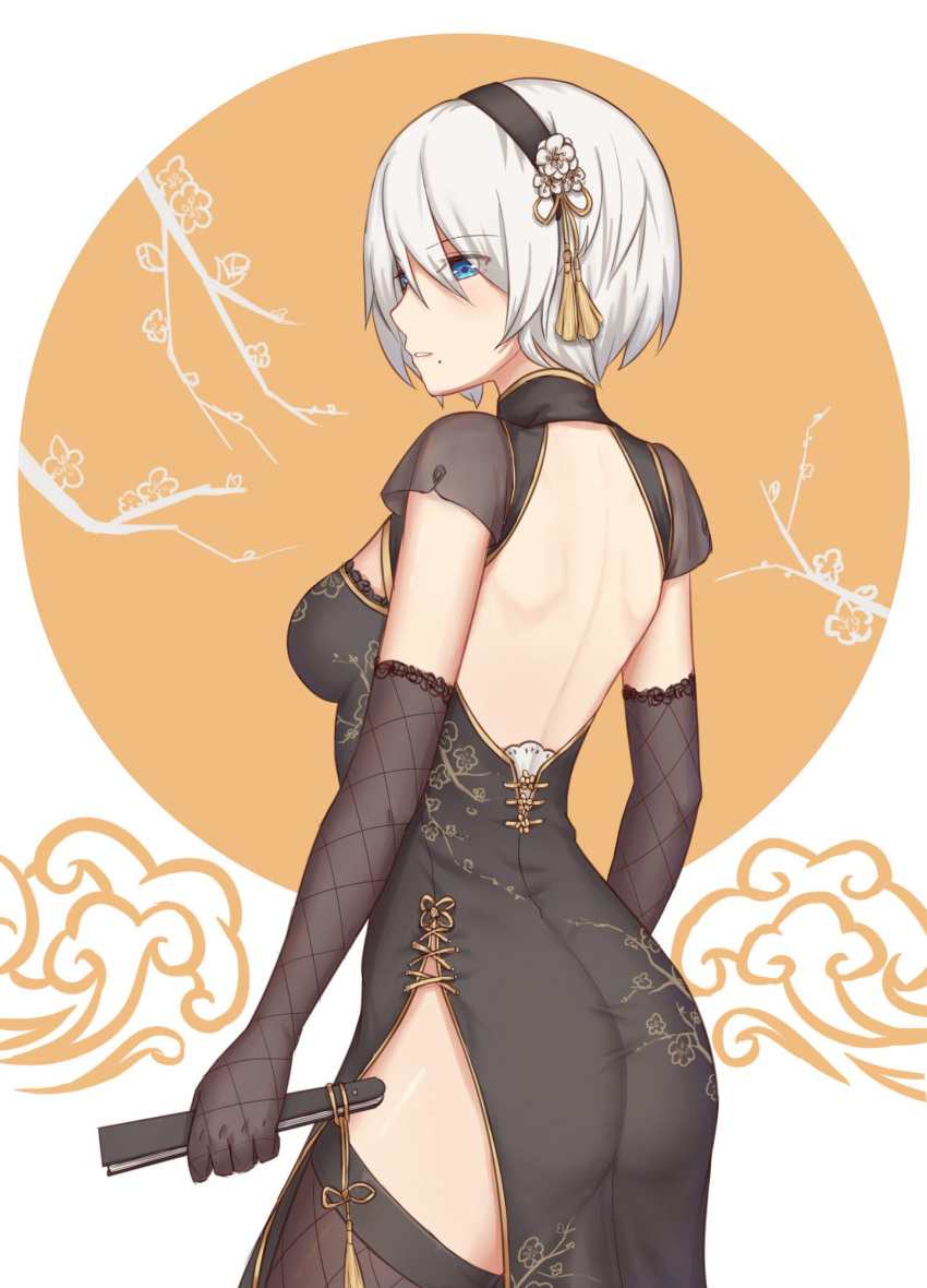1girl backless_dress backless_outfit black_hairband black_legwear blue_eyes breasts china_dress chinese_clothes dress elbow_gloves eyebrows_visible_through_hair fan fishnet_legwear fishnets from_behind gloves hairband highres holding holding_fan lotu medium_breasts mole mole_under_mouth nier_(series) nier_automata no_blindfold petals short_hair thighhighs white_hair yorha_no._2_type_b