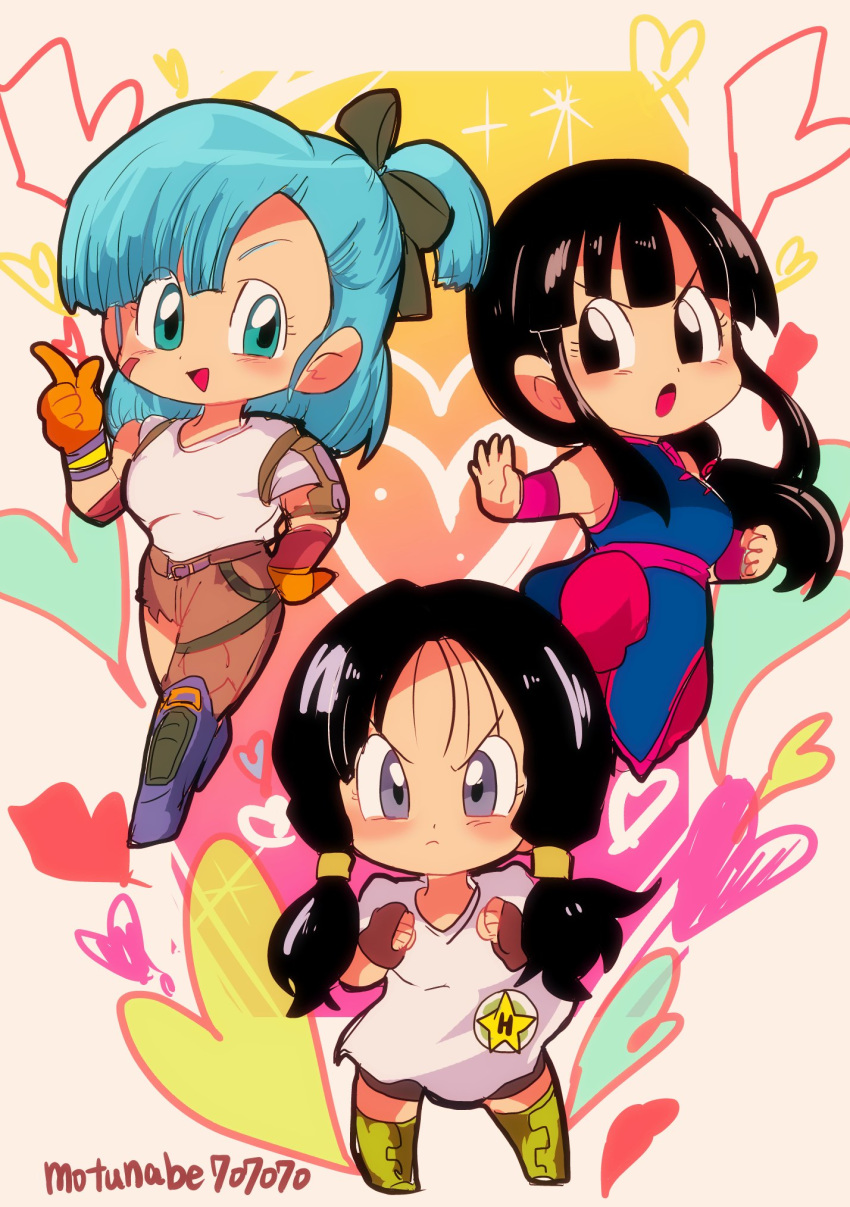 &gt;:o 3girls :d annoyed bangs black_gloves black_hair blue_eyes blue_hair blush boots bulma chi-chi_(dragon_ball) chibi chinese_clothes clenched_hands denim dragon_ball dragon_ball_(classic) dragonball_z eyelashes eyes_visible_through_hair fighting_stance fingerless_gloves floating_hair frown full_body gloves hand_on_hip heart heart_background highres index_finger_raised jeans leg_up looking_away motunabe707070 multiple_girls open_mouth orange_gloves pants shirt short_hair side_ponytail smile sparkle sparkle_background torn_clothes torn_jeans torn_pants twintails twitter_username v-shaped_eyebrows videl white_shirt wristband