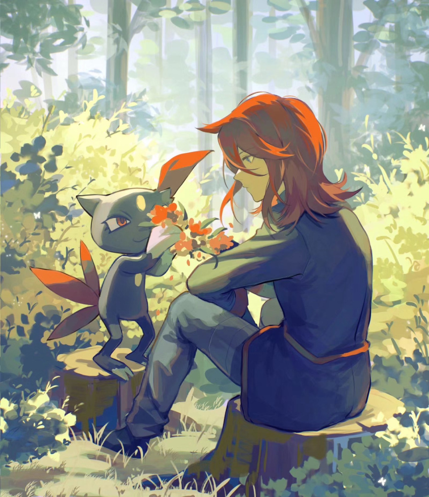 1boy black_footwear black_jacket bush closed_mouth commentary_request day flower grey_eyes grey_pants highres holding jacket long_hair male_focus orange_hair outdoors pants pokemon pokemon_(creature) pokemon_adventures shoes silver_(pokemon) sitting sneasel tree tree_stump xiguamao41