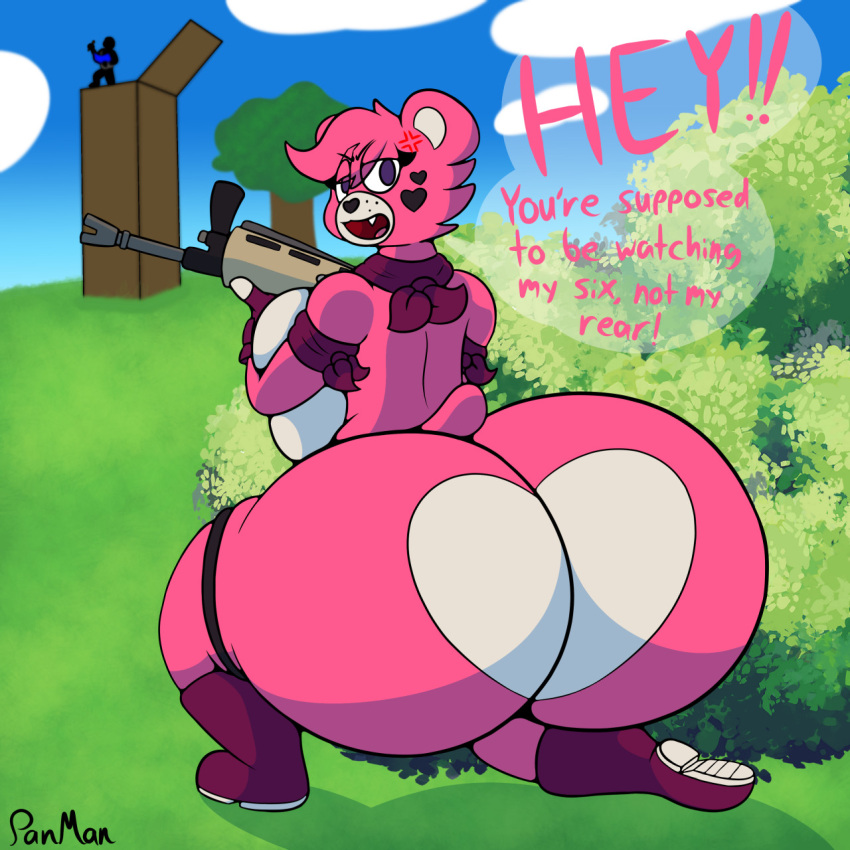 anthro big_breasts big_butt breasts butt cuddle_team_leader dialogue epic_games female fortnite fur gun hi_res holding_gun holding_object holding_rifle holding_weapon huge_breasts huge_butt looking_at_viewer looking_back mammal pink_body pink_fur ranged_weapon solo talking_to_viewer thatonepanman ursid video_games weapon yelling