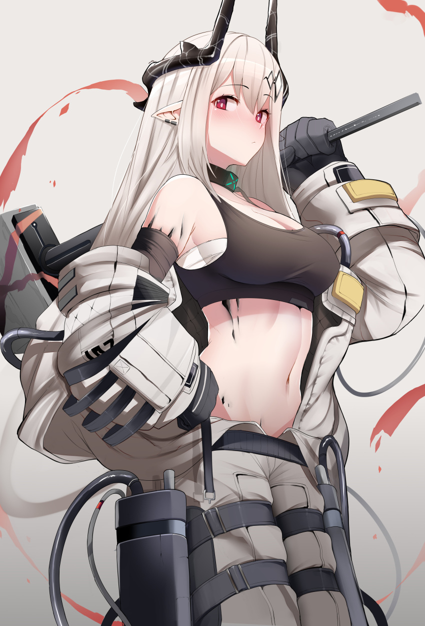 1girl absurdres albino arknights bandaged_arm bandages bangs bare_shoulders black_gloves blush breasts cleavage closed_mouth collar commentary cowboy_shot crop_top earrings eyebrows_visible_through_hair gloves grey_background hair_ornament hammer hand_on_hip highres holding holding_hammer holding_weapon horns infection_monitor_(arknights) jewelry large_breasts long_sleeves looking_at_viewer midriff mudrock_(arknights) navel open_clothes oripathy_lesion_(arknights) pointy_ears red_eyes sally_(luna-arts) sarashi simple_background solo sports_bra stomach weapon white_hair