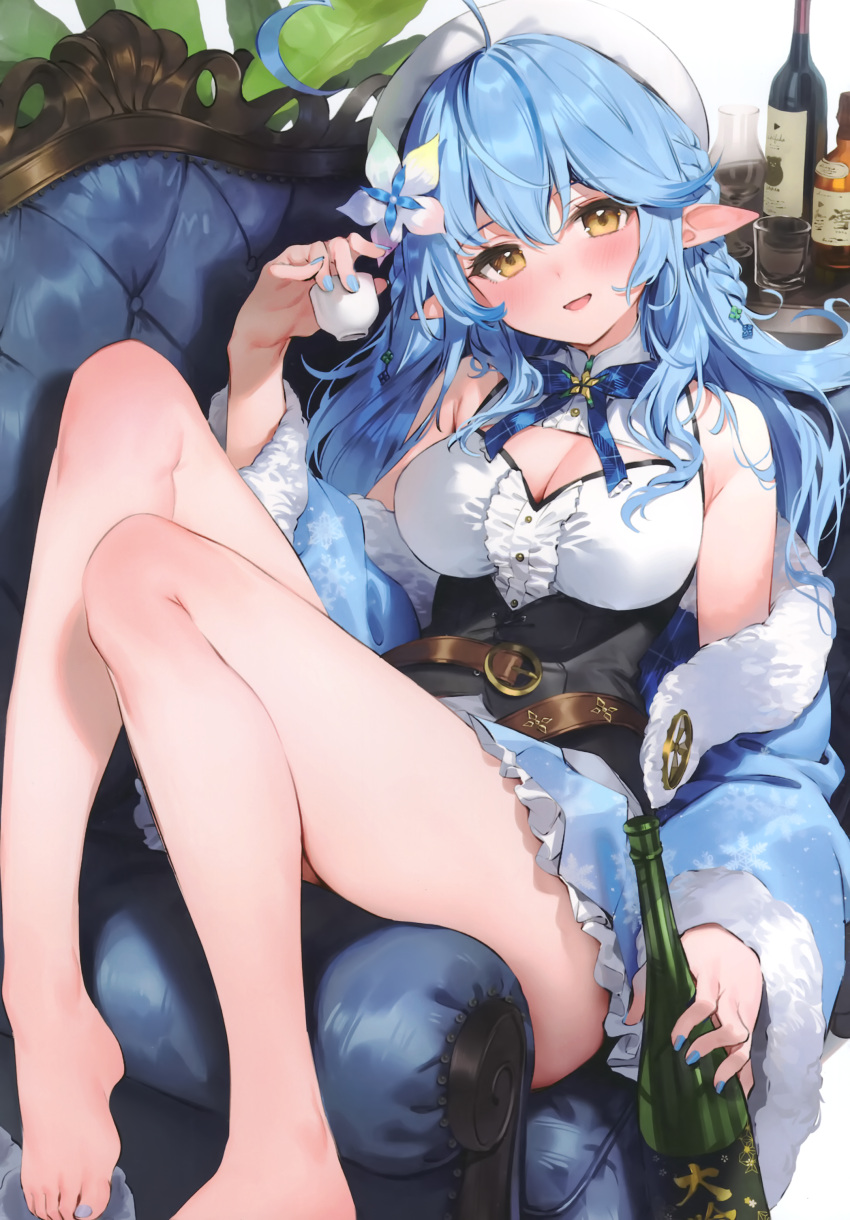 1girl absurdres ahoge alcohol bangs banned_artist bare_legs barefoot beret blue_hair blue_nails blush bottle breasts chair colored_tips cup eyebrows_visible_through_hair feet flower frills hair_between_eyes hair_flower hair_ornament hat heart heart_ahoge highres holding holding_bottle holding_cup hololive large_breasts legs long_hair looking_at_viewer multicolored_hair nail_polish parsley-f plant pointy_ears scan simple_background sitting snowflake_print solo streaked_hair toenail_polish toenails virtual_youtuber white_background yellow_eyes yukihana_lamy