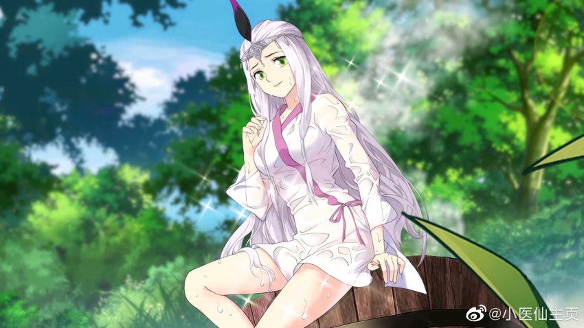 1girl bare_legs blue_sky bucket bush cloud doupo_cangqiong dress grass green_eyes highres long_sleeves sitting sky solo sparkle tree upper_body wet wet_clothes white_dress white_hair xiao_yi_xian_(doupo_cangqiong) xiao_yi_xian_zhuye