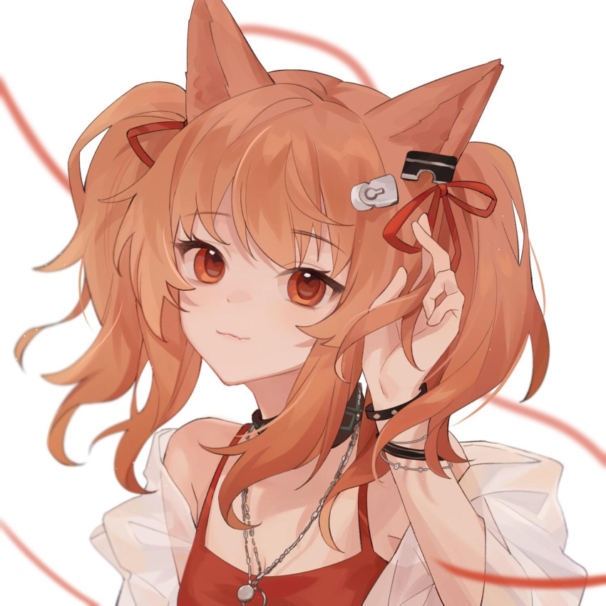 1girl angelina_(arknights) angelina_(summer_flowers)_(arknights) animal_ears arknights bangs bare_shoulders bracelet breasts brown_hair casual_one-piece_swimsuit cleavage closed_mouth collar eyebrows_visible_through_hair fox_ears hair_ornament hair_ribbon hand_in_own_hair hand_up highres infection_monitor_(arknights) jewelry long_hair long_sleeves looking_at_viewer necklace off_shoulder official_alternate_costume one-piece_swimsuit red_eyes red_ribbon red_swimsuit ribbon see-through simple_background smile solo swimsuit twintails upper_body white_background xx_(m1yee)