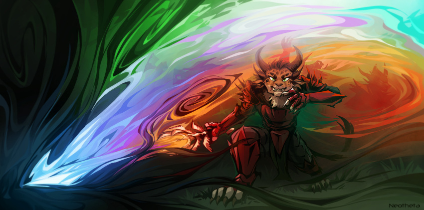 2022 4_toes 5_fingers ambiguous_gender anthro charr digital_media_(artwork) feet felid fingers grass guild_wars hi_res holding_object holding_sword holding_weapon horn looking_at_viewer mammal melee_weapon neotheta plant solo sword toes video_games weapon