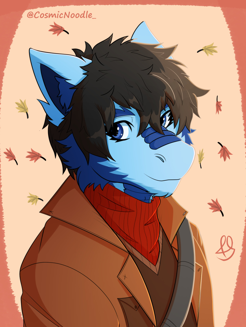 anthro blue_body blue_eyes blue_fur clothed clothing coat cosmic_noodle digital_media_(artwork) dragon fur furred_dragon hair hi_res leaf looking_at_viewer male multicolored_body multicolored_fur portrait rafael_(cosmic_noodle) scarf shaded simple_background smile solo tan_background topwear two_tone_body two_tone_fur