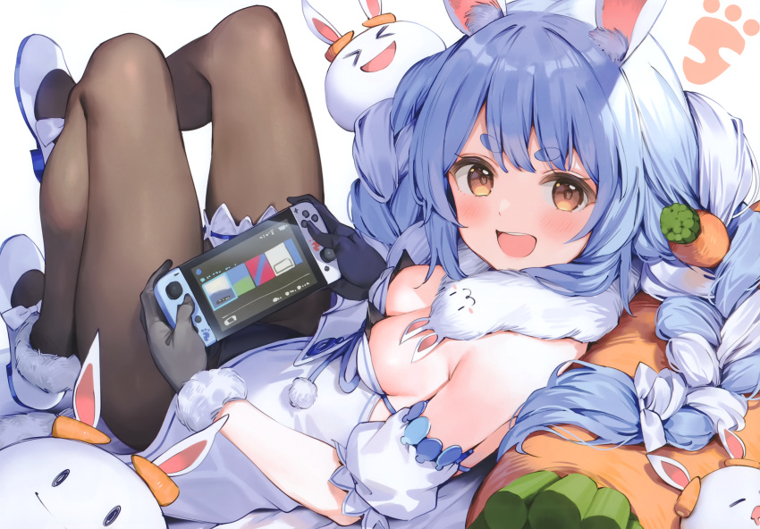 &gt;_&lt; 1girl :3 :d animal_ear_fluff animal_ears bangs banned_artist black_gloves black_legwear black_leotard blue_hair blush braid breasts bunny-shaped_pupils cleavage creature detached_sleeves don-chan_(usada_pekora) dress eyebrows_visible_through_hair fake_animal_ears full_body fur-trimmed_footwear fur-trimmed_gloves fur_collar fur_trim gloves highres holding hololive knee_up leg_garter leg_up leotard leotard_under_clothes looking_at_viewer lying medium_breasts multicolored_hair nintendo_switch nousagi_(usada_pekora) on_back open_mouth pantyhose parsley-f pillow puffy_short_sleeves puffy_sleeves rabbit_ears scan short_sleeves simple_background smile solo strapless strapless_dress symbol-shaped_pupils thick_eyebrows twin_braids two-tone_hair usada_pekora virtual_youtuber white_background white_dress white_footwear white_hair