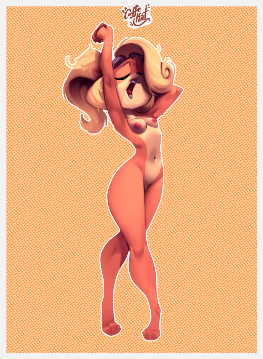 2022 activision anthro bandicoot barely_visible_genitalia barely_visible_pussy blonde_hair breasts casual_nudity coco_bandicoot coffekitten crash_bandicoot_(series) eyes_closed eyewear eyewear_on_head eyewear_only female full-length_portrait genitals goggles goggles_on_head goggles_only hair hi_res mammal marsupial nipples nude open_mouth orange_body portrait pussy solo stretching tired video_games yawn