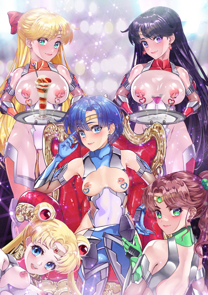 5girls absurdres arion_canvas bishoujo_senshi_sailor_moon blonde_hair blue_hair bow breasts brown_hair exhibitionism food green_eyes highres ice_cream magical_girl multiple_girls nipple_piercing nipples piercing public_indecency purple_eyes red_bow sailor_jupiter sailor_mars sailor_mercury sailor_moon sailor_venus