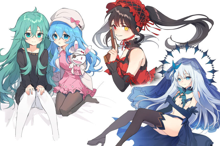 4girls black_choker black_hair black_legwear black_shirt black_sleeves blue_eyes blue_hair blue_headwear bow breasts choker clock_eyes closed_mouth date_a_live detached_sleeves dress floating_hair green_eyes green_hair grin gun hairband handgun hat hat_bow heterochromia highres holding holding_gun holding_weapon jacket lolita_fashion lolita_hairband long_hair long_sleeves messy_hair multiple_girls natsumi_(date_a_live) open_clothes open_jacket open_mouth pantyhose pink_bow pink_dress red_dress red_eyes red_ribbon ribbon ribbon-trimmed_sleeves ribbon_trim shiny shiny_hair shirt short_dress sitting sleeveless sleeveless_dress small_breasts smile straight_hair symbol-shaped_pupils thighhighs tobiichi_origami tokisaki_kurumi twintails veil very_long_hair weapon white_background white_hair white_headwear white_jacket white_legwear yellow_eyes yoshino_(date_a_live) yoshinon yunweishukuang