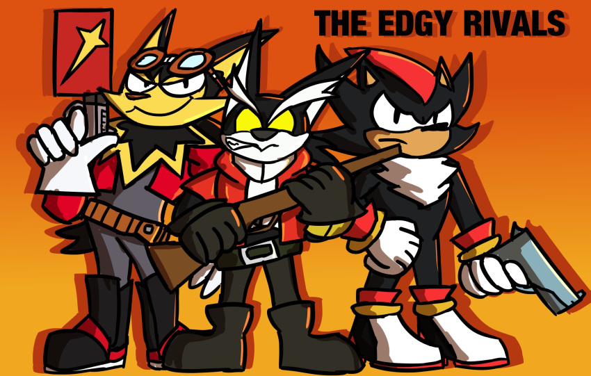 2022 5_fingers anthro bandai_namco black_body black_fur blaggi boots canid canine canis chest_tuft clothed clothing eulipotyphlan eyewear eyewear_on_head fingers footwear fur gloves goggles goggles_on_head group gun guntz handwear hedgehog hi_res holding_gun holding_object holding_weapon klonoa_(series) looking_at_viewer male mammal multicolored_body multicolored_fur notes_(willy_wombat) ranged_weapon sega shadow_the_hedgehog shoes simple_background sonic_the_hedgehog_(series) text trio tuft two_tone_body two_tone_fur video_games weapon willy_wombat wolf yellow_body yellow_fur