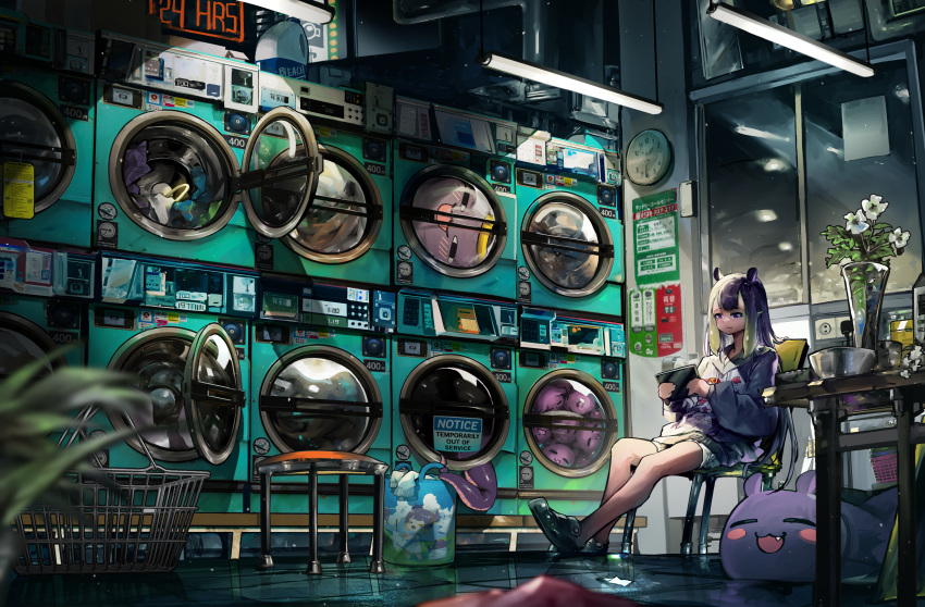 1girl absurdres bag bleach_(chemical) blurry chair clock depth_of_field fang flower halo_removed highres hololive hololive_english hood hoodie lamppost laundromat laundry_basket mole mole_under_eye neon_lights ninomae_ina'nis purple_eyes reflection stool tablet_pc tako_(ninomae_ina'nis) tentacles vase virtual_youtuber vyragami window