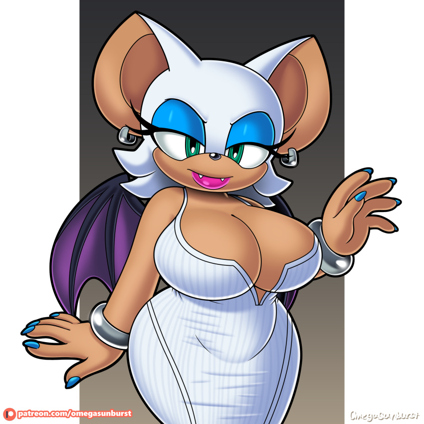 1:1 2022 absurd_res anthro big_breasts bracelet breasts chiropteran cleavage clothed clothing dress ear_piercing ear_ring female green_eyes hi_res jewelry looking_at_viewer mammal omegasunburst piercing rouge_the_bat sega solo sonic_the_hedgehog_(series) wide_hips wings