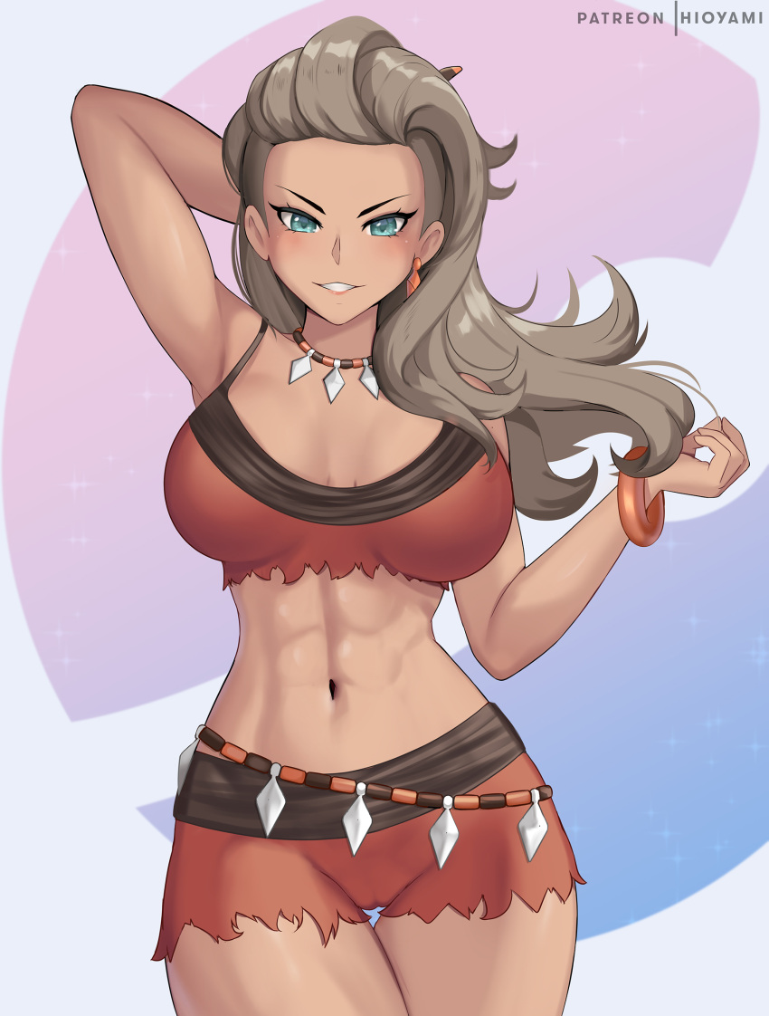 1girl abs absurdres aqua_eyes arm_up armpits bare_arms bare_shoulders blush bracelet breasts cameltoe cleavage commentary cowboy_shot earrings english_commentary grey_hair hand_up highres hioyami jewelry large_breasts long_hair looking_at_viewer parted_lips patreon_username pokemon pokemon_(game) pokemon_sv red_shorts sada_(pokemon) shorts sleeveless smile solo