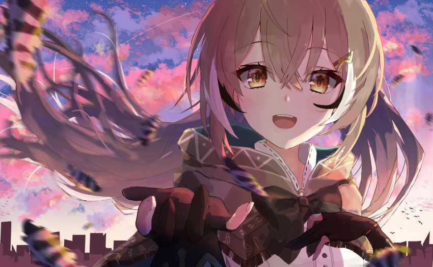 1girl :d bangs brown_capelet brown_cloak brown_eyes brown_hair building capelet cityscape cloak cloud cloudy_sky feather_hair_ornament feathers fingernails gloves hair_ornament hairclip hand_on_own_chest hieroglyphics highres hololive hololive_english long_hair looking_at_viewer motion_blur multicolored_hair nanashi_mumei partially_fingerless_gloves ponytail reaching_out ribbon shirt sky skyline smile solo solo_una_fruta star_(sky) starry_sky streaked_hair teeth twilight upper_teeth very_long_hair virtual_youtuber white_shirt wind wind_lift