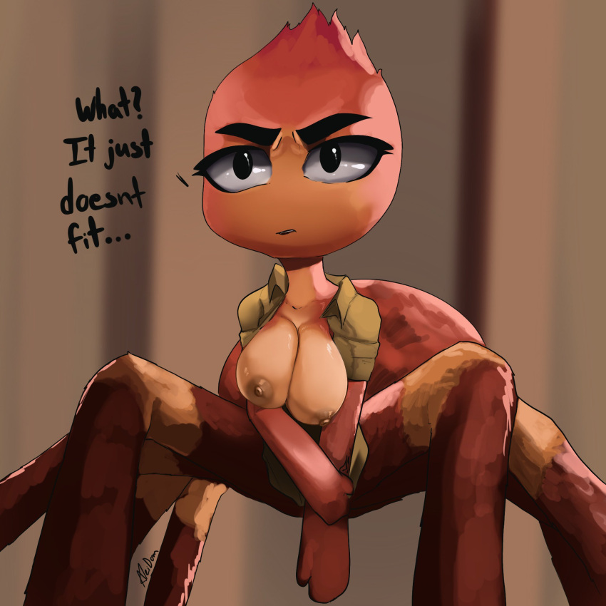 ... 6_legs aleidom arachnid arachnid_taur areola arthropod arthropod_taur big_breasts black_eyes breasts clothed clothing dreamworks english_text exposed_breasts eyebrows female hi_res ms._tarantula_(the_bad_guys) multi_limb multicolored_body nipples non-mammal_breasts open_clothing open_shirt open_topwear question_mark shirt solo spider spider_taur tan_nipples tarantula_taur taur text the_bad_guys thick_eyebrows topwear two_tone_body