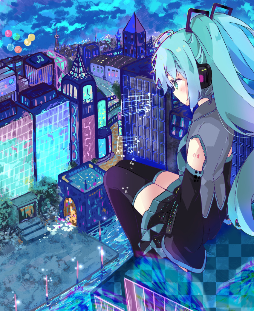 1girl absurdres balloon bangs beamed_eighth_notes black_legwear black_skirt black_sleeves blue_eyes blue_hair blush building checkered cloud cloudy_sky collared_shirt commentary detached_sleeves eyebrows_visible_through_hair grey_shirt hair_between_eyes hatsune_miku highres long_hair long_sleeves looking_away musical_note night night_sky outdoors pleated_skirt rooftop shirt sitting skirt sky skyscraper sleeveless sleeveless_shirt sleeves_past_wrists solo star_(symbol) symbol-only_commentary thighhighs tsukiyo_(skymint) twintails unmoving_pattern very_long_hair vocaloid water wide_sleeves