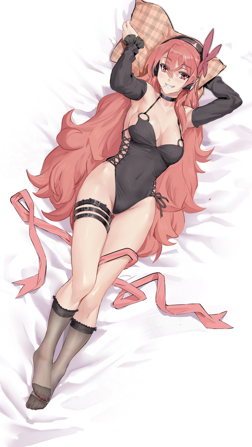 1girl absurdres akame_ga_kill! alternate_costume bed_sheet belt belt_buckle black_choker black_headphones black_legwear black_leotard black_sleeves breasts breasts_apart brown_hair buckle butterfly_hair_ornament candy checkered_pillow chelsea_(akame_ga_kill!) choker covered_navel cross-laced_clothes detached_sleeves eyebrows_visible_through_hair food from_above full_body grin hair_between_eyes hair_ornament head_on_pillow highleg highleg_leotard highres kneehighs leotard lollipop long_hair looking_at_viewer lying medium_breasts mouth_hold object_hug on_back parted_lips pillow pillow_hug red_eyes ribbon smile solo thigh_belt thigh_strap user_wcpu2854