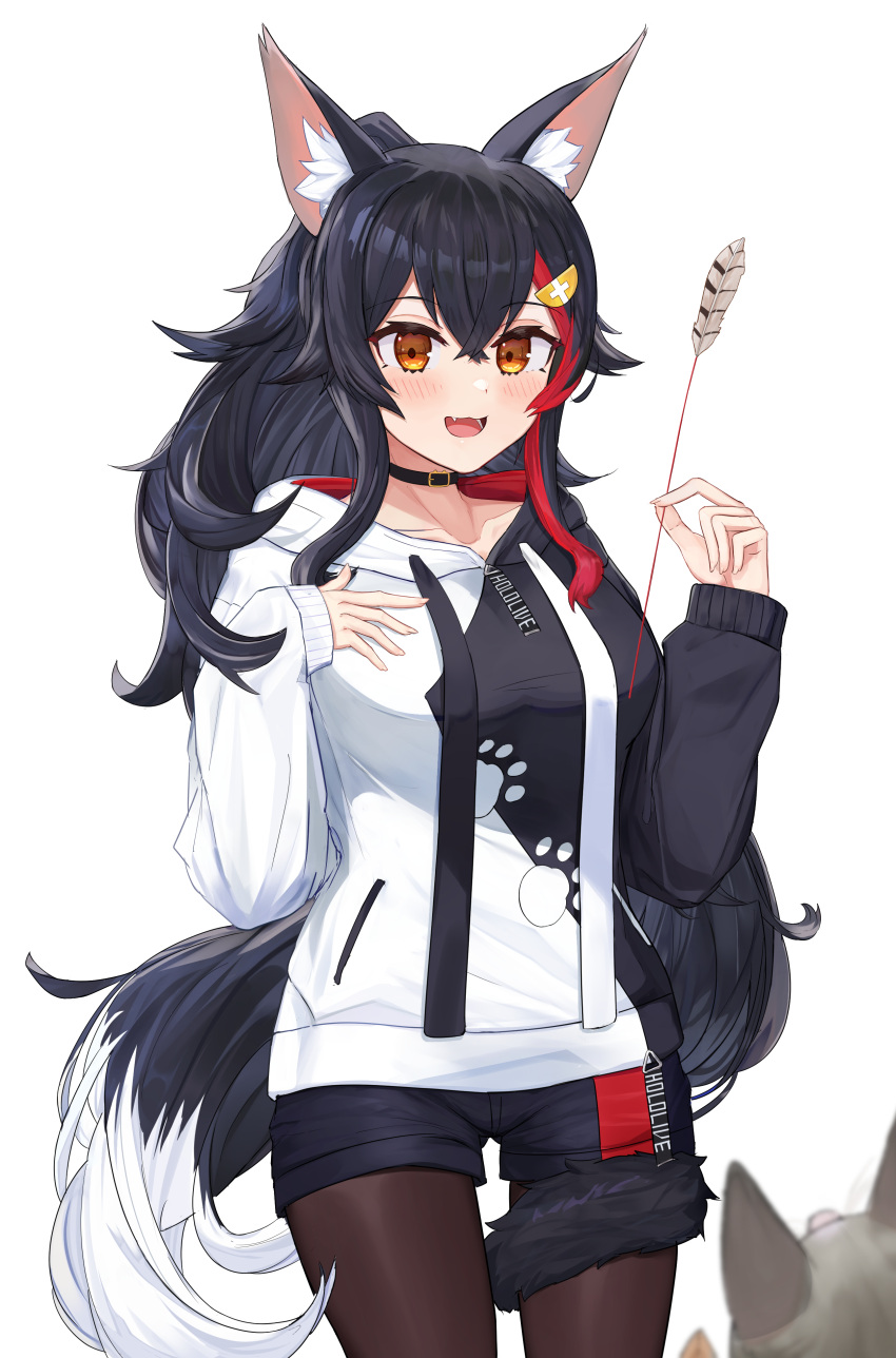 1girl absurdres animal_ears bangs black_hoodie black_legwear black_shorts blush cat feathers hair_between_eyes hair_ornament highres holding hololive hood hoodie long_hair long_sleeves multicolored_hair oksuri ookami_mio open_mouth pantyhose paw_print paw_print_pattern short_shorts shorts smile solo taiga_(ookami_mio) tail tail_around_leg tail_wrap tawa_(ookami_mio) thighhighs two-tone_hoodie virtual_youtuber white_hoodie wolf_ears wolf_girl wolf_tail