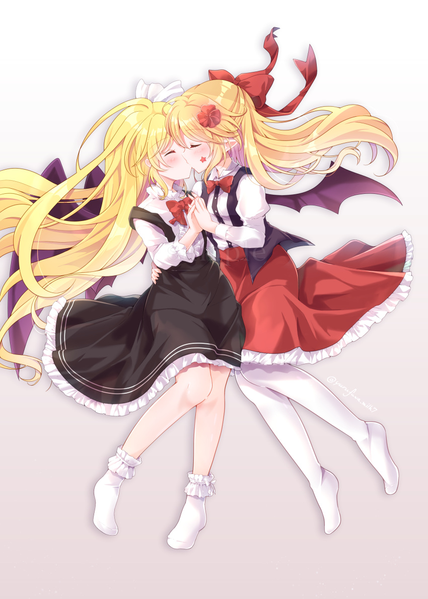 2girls absurdres bat_wings bed_sheet black_skirt black_wings blonde_hair blush bobby_socks bow bowtie closed_eyes collared_shirt commentary_request elis_(touhou) facial_mark flower frilled_skirt frills hair_bow hair_flower hair_ornament hair_ribbon hand_on_another's_hip highres holding_hands juliet_sleeves kiss kurumi_(touhou) long_hair long_sleeves lying multiple_girls no_shoes on_side pantyhose puffy_sleeves purple_vest purple_wings red_bow red_bowtie red_flower red_skirt ribbon shirt skirt socks star_(symbol) suspender_skirt suspenders touhou touhou_(pc-98) very_long_hair vest white_legwear white_ribbon white_shirt wings yuri yurufuwa_milk