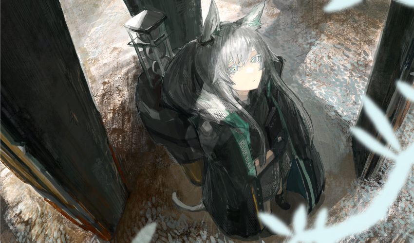1girl animal_ears arknights backpack bag bangs black_cloak black_coat black_footwear black_gloves book boots cat_ears cat_girl cat_tail cloak coat english_commentary from_above full_body gloves grey_eyes grey_hair highres holding holding_book hood hood_down hooded_cloak long_hair long_sleeves looking_at_viewer looking_up moeviu_s open_cloak open_clothes pillar rhodes_island_logo rosmontis_(arknights) sidelocks solo tail