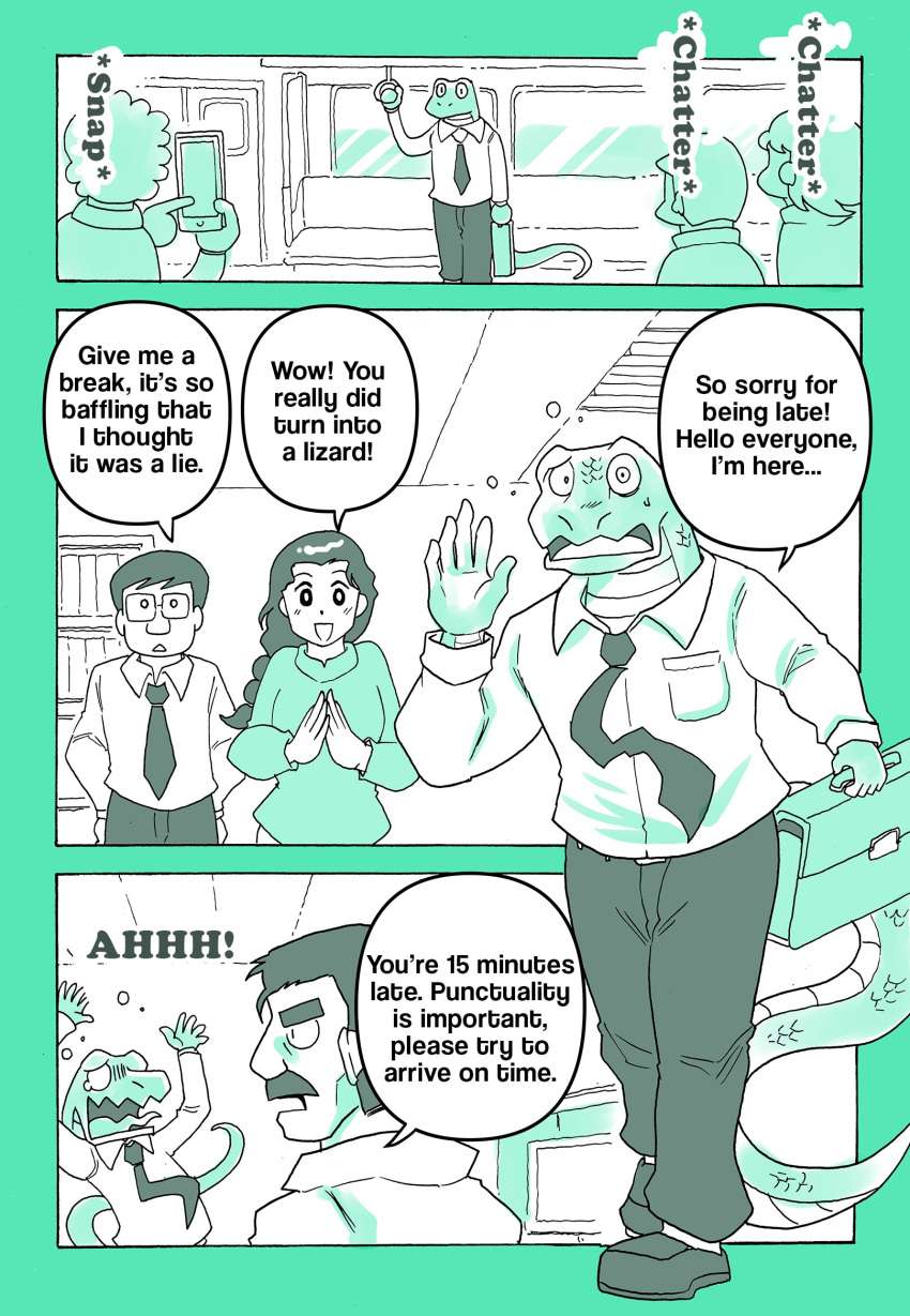 anthro blush briefcase cellphone clothed clothing comic edit english_text eyewear facial_hair female hard_translated hi_res human humor lizard lizardman male mammal mustache necktie office office_lady phone public_transportation reptile scalie smartphone text topwear train translated vehicle zisak
