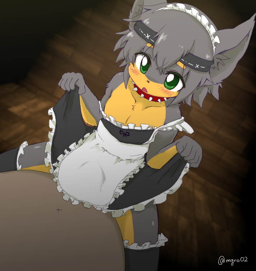 accessory anthro blush bulge canid canine canis clothed clothing crossdressing dobermann domestic_dog duo genital_outline girly grey_body grey_hair hair headband maid_apron maid_headdress maid_uniform male mammal mgro02 multicolored_body penis_outline pinscher sitting_on_person uniform yellow_body