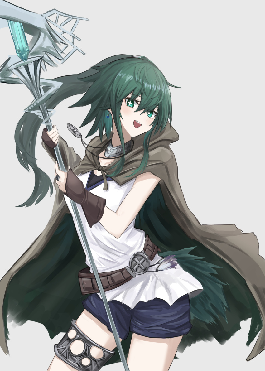 1girl absurdres belt choker cloak cowboy_shot duel_monster fingerless_gloves gloves green_hair highres holding holding_staff hood hood_down jewelry kote_menn long_hair necklace open_mouth pom_pom_(clothes) ponytail ring shirt short_shorts shorts solo staff star-shaped_pupils star_(symbol) symbol-shaped_pupils thighlet winda_priestess_of_gusto yu-gi-oh!