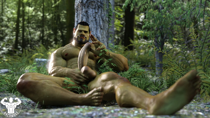 beard dazswole facial_hair fangs forest genitals green_body green_skin grey_body humanoid male muscular muscular_male nipples orc penis plant solo tree vein veiny_muscles veiny_penis