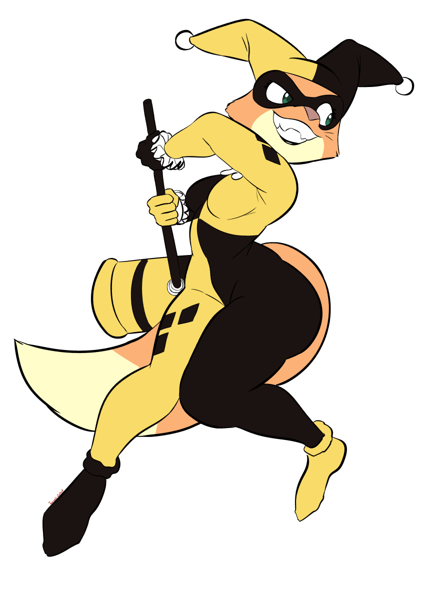 absurd_res batman_(series) big_hammer canid canine clothed clothing cosplay crossover crossover_cosplay dc_comics diane_foxington dreamworks fox fox_tail fur green_eyes harley_quinn hi_res jester_outfit mammal orange_body orange_fur simple_background tagme tail the_bad_guys thick_thighs toonarscontent white_background yellow_clothing