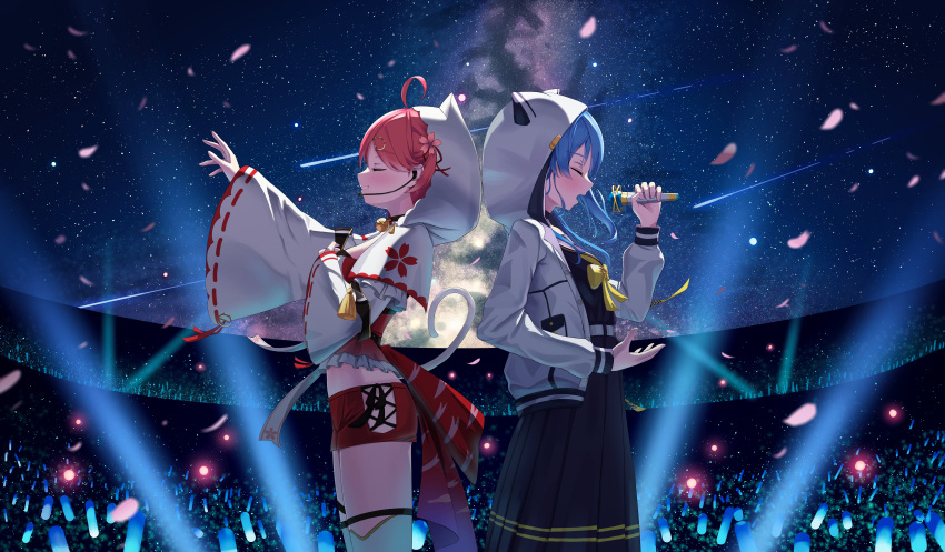 2girls absurdres ahoge asakura_(asa_t77) bangs bell blue_hair blush bow bowtie closed_eyes comet commentary_request glowstick highres holding holding_microphone hololive hood hood_up hoshimachi_suisei jacket jingle_bell long_hair long_sleeves microphone midriff multiple_girls open_clothes open_jacket petals pink_hair red_shirt sakura_miko shirt skirt sky standing star_(sky) starry_sky tail tassel thighhighs virtual_youtuber white_jacket white_legwear yellow_bow yellow_bowtie