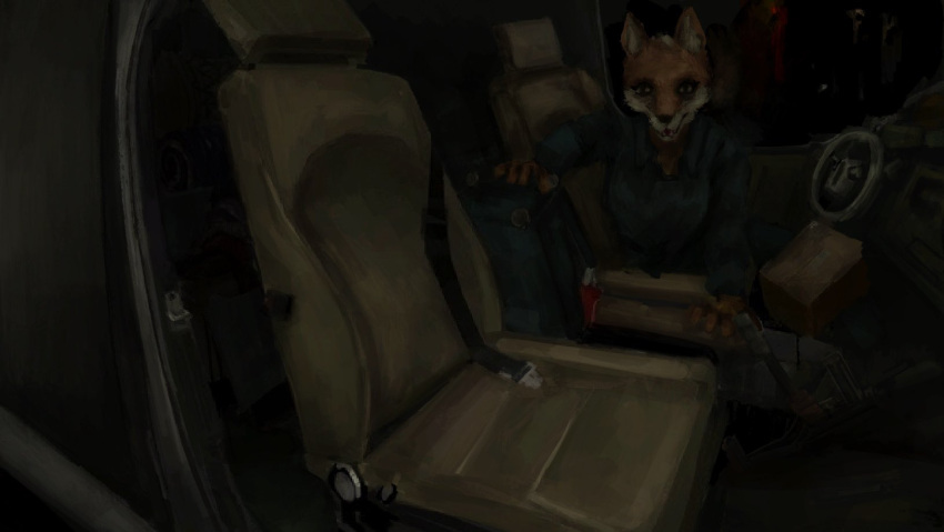 anon2000000 anthro canid canine car carseat clothed clothing crawling creepy female fox hi_res looking_at_viewer mammal seatbelt solo vehicle
