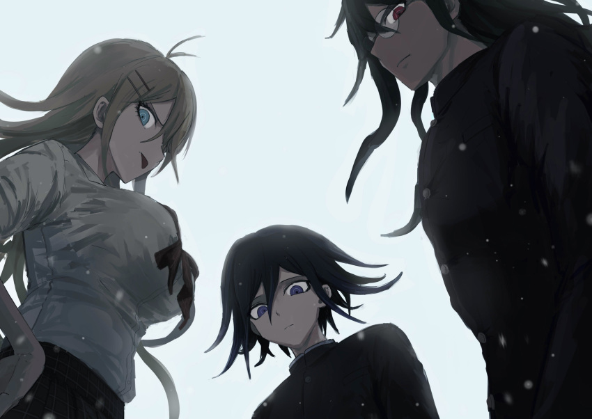 1girl 2boys antenna_hair bangs black_hair bow bowtie breasts closed_mouth danganronpa_(series) danganronpa_v3:_killing_harmony flipped_hair from_below glasses gokuhara_gonta grey_background grey_eyes grey_shirt hair_between_eyes hair_ornament hairclip highres iruma_miu iumi_urura jacket large_breasts long_hair long_sleeves multiple_boys official_alternate_costume ouma_kokichi pink_hair plaid plaid_skirt purple_eyes red_bow red_bowtie round_eyewear shirt shirt_tucked_in simple_background skirt tongue tongue_out