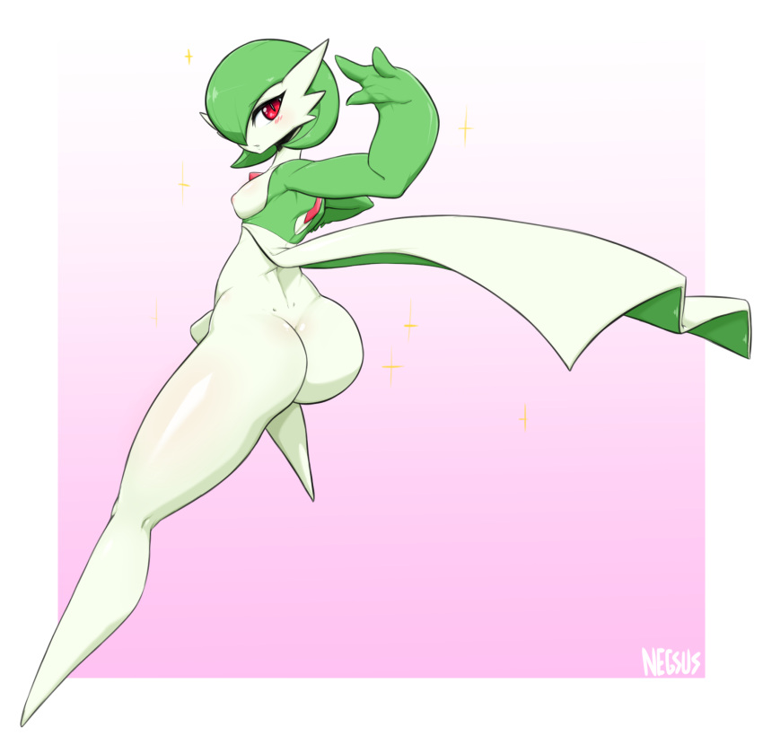 2021 3_fingers breasts butt female fingers gardevoir hi_res humanoid looking_at_viewer negsus nintendo nipples not_furry pok&eacute;mon pok&eacute;mon_(species) red_eyes signature simple_background solo sparkles video_games white_body white_skin