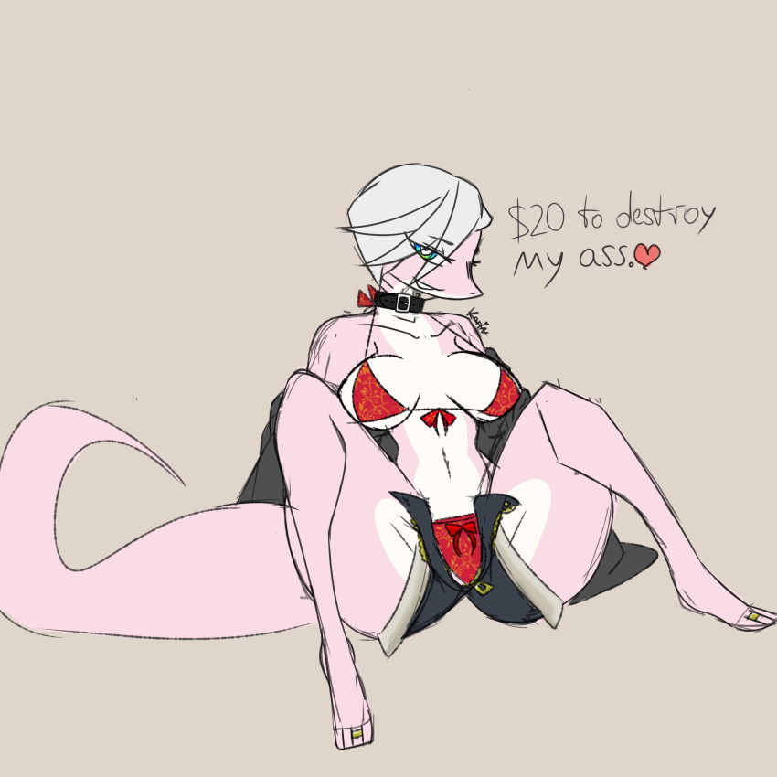 anthro bikini clothing collar female flat_colors hair hi_res karinfysh pink_body poorly_drawn_lines scalie simple_background slim solo solo_focus swimwear thick_thighs unspecific_species webcomic white_hair