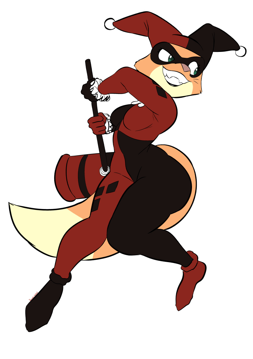 absurd_res anthro batman_(series) big_hammer canid canine clothed clothing cosplay crossover crossover_cosplay dc_comics diane_foxington dreamworks fox fox_tail fur green_eyes hammer harley_quinn hi_res jester_outfit mammal orange_body orange_fur red_clothing simple_background solo tagme the_bad_guys thick_thighs tools toonarscontent white_background