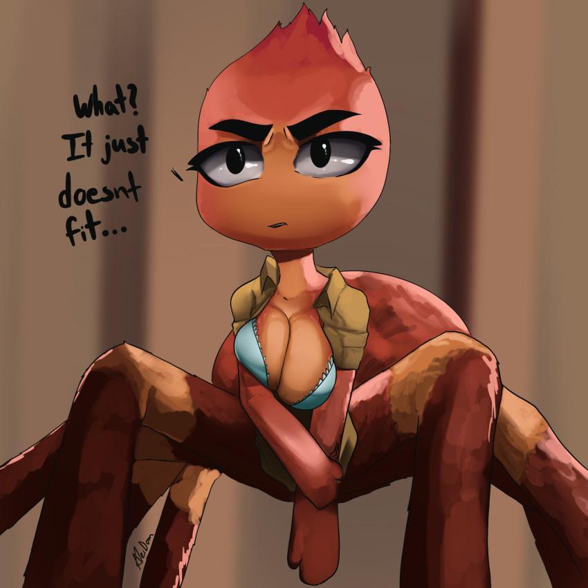 ... 6_legs aleidom arachnid arachnid_taur arthropod arthropod_taur big_breasts black_eyes bra breasts cleavage clothed clothing dreamworks english_text eyebrows female hi_res ms._tarantula_(the_bad_guys) multi_limb multicolored_body non-mammal_breasts open_clothing open_shirt open_topwear question_mark shirt solo spider spider_taur tarantula_taur taur text the_bad_guys thick_eyebrows topwear two_tone_body underwear