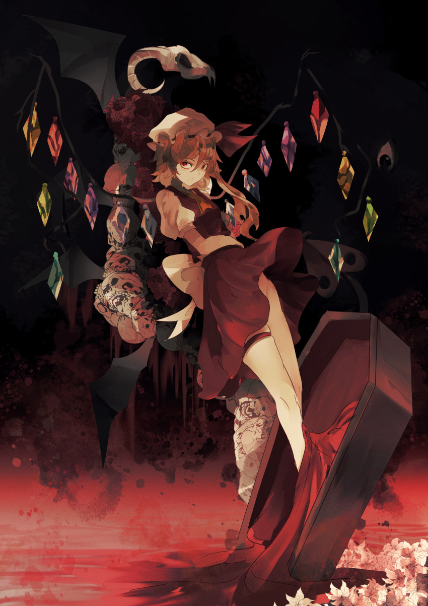 1girl absurdres ascot bangs bat_wings blonde_hair closed_mouth coffin commentary crystal english_commentary flandre_scarlet full_body hat highres legs looking_at_viewer mob_cap naufaldreamer no_panties one_side_up red_eyes red_skirt red_vest shirt short_hair_with_long_locks skirt skirt_set skull solo thigh_strap thighs touhou vest white_headwear white_shirt wings yellow_ascot