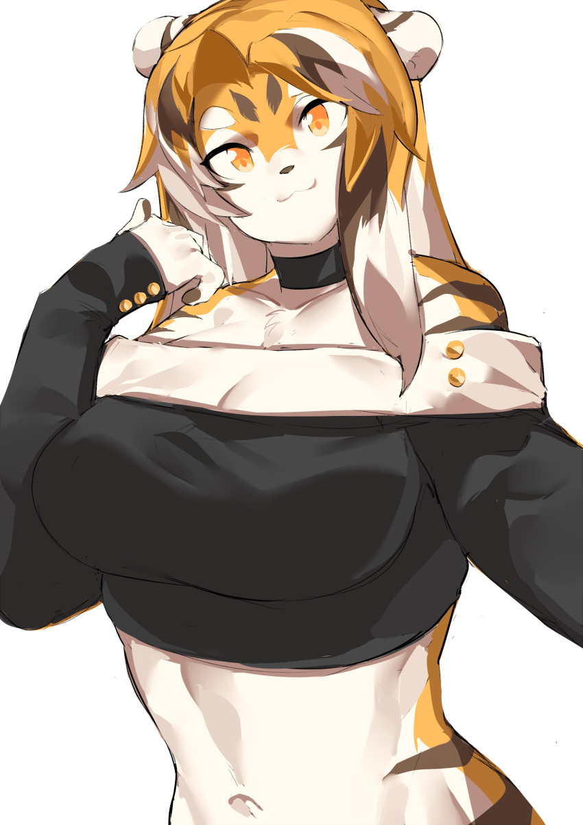 absurd_res anthro arknights big_breasts breasts choker clothed clothing digital_media_(artwork) felid female fingers fur hair hi_res hypergryph jewelry long_hair looking_at_viewer mammal midriff multicolored_body multicolored_fur multicolored_hair mx99926 navel necklace orange_body orange_fur orange_hair pantherine shirt simple_background smile solo studio_montagne tiger topwear video_games waaifu_(arknights) white_body white_fur white_hair yellow_eyes