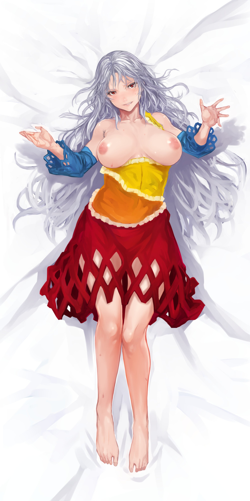 1girl absurdres armpit_hair bare_legs bare_shoulders barefoot beckoning blue_sleeves breasts breasts_apart breasts_out collarbone commentary_request dakimakura_(medium) detached_sleeves dress eyelashes fang from_above full_body grey_hair grin hands_up head_tilt highres inverted_nipples knees_together_feet_apart large_breasts long_hair looking_at_viewer lying mature_female medium_dress multicolored_clothes multicolored_dress no_bra nuppehofu_(nibuta) on_back open_hand orange_dress outstretched_hand reaching_out red_dress red_eyes sakata_nemuno seductive_smile shiny shiny_skin single-shoulder_dress single_strap smile solo spread_fingers sweat toes touhou v-shaped_eyebrows very_long_hair wavy_hair yellow_dress
