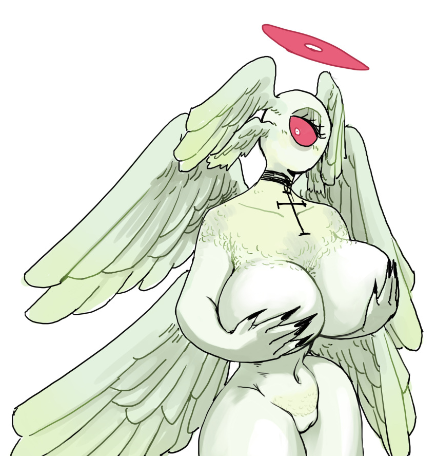1_eye absurd_res angel anthro biblically_accurate_angel big_breasts blush breast_grab breasts claws cross edit female fur genitals halo hand_on_breast hi_res horniel_(thouartphi) multi_wing nude plastikcherub pussy red_eyes simple_background solo white_body white_fur wings