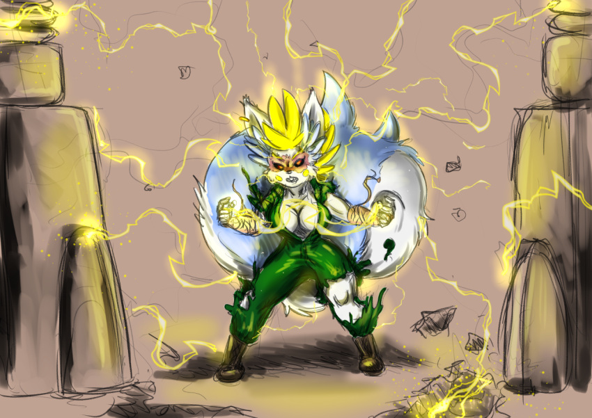 2022 anthro blonde_hair boots boxing_tape breasts buckteeth burn_scar cleavage clothed clothing colored_sketch damaged_clothing ear_piercing ear_ring electricity electricity_manipulation elemental_manipulation facial_scar fallout:_pca female footwear glowing glowing_hair hair inner_ear_fluff jumpsuit lightning mammal nintendo open_mouth pachirisu piercing pok&eacute;mon pok&eacute;mon_(species) pok&eacute;morph post-apocalyptic red_eyes riley_(s-nina) rodent s-nina scar sciurid sketch solo sparks standing teeth tesla_coil tuft video_games yellow_glow