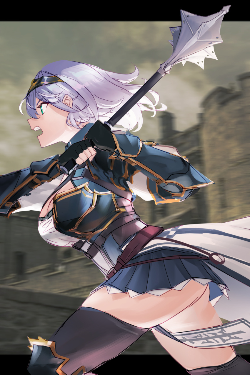 1girl absurdres aragiken armor attack belt black_border blue_skirt border breasts castle circlet cloud fingerless_gloves floating_hair from_side gauntlets gloves gold_trim grey_sky hairband highres holding holding_club holding_weapon hololive large_breasts letterboxed mace miniskirt open_mouth outdoors pleated_skirt profile shirogane_noel short_hair skirt sky solo teeth thighhighs thighs upper_teeth virtual_youtuber weapon white_hair zettai_ryouiki