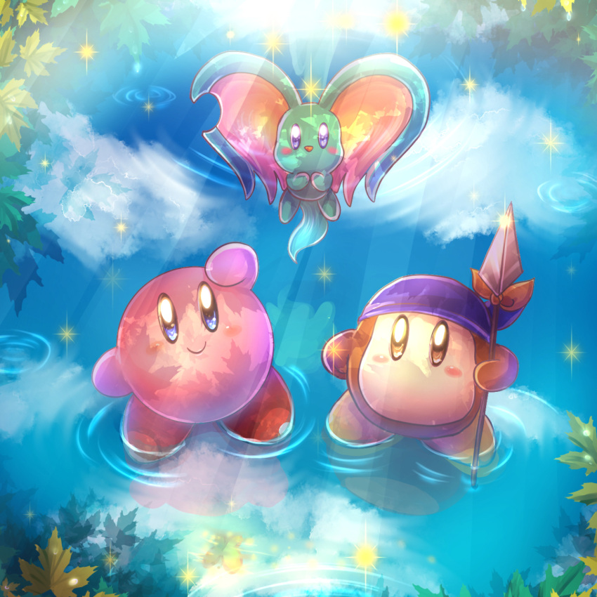 bandana bandana_waddle_dee blue_bandana blue_eyes blue_sky blush_stickers brown_eyes cloud elfilin highres kirby kirby_(series) kirby_and_the_forgotten_land konna-nani leaf looking_up polearm reflection reflective_water sky smile spear weapon