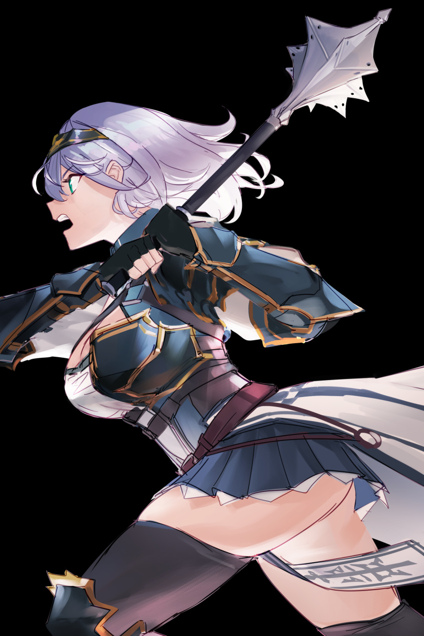 1girl absurdres aragiken armor attack belt black_background blue_skirt breasts circlet fingerless_gloves floating_hair from_side gauntlets gloves gold_trim hairband highres holding holding_club holding_weapon hololive large_breasts mace miniskirt open_mouth pleated_skirt profile shirogane_noel short_hair simple_background skirt solo teeth thighhighs thighs upper_teeth virtual_youtuber weapon white_hair zettai_ryouiki