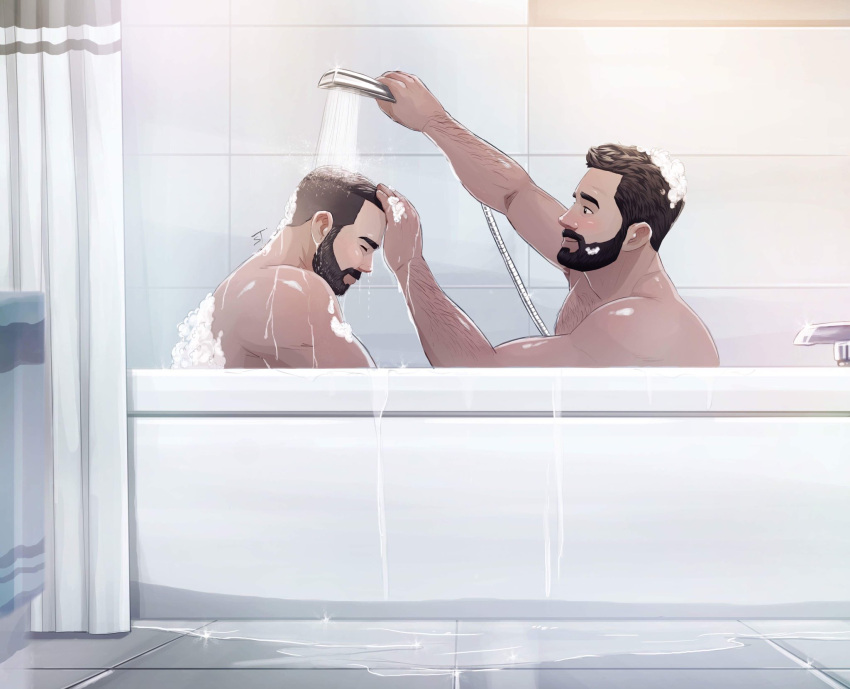 2boys arm_hair bara bath bathroom beard black_hair closed_eyes closed_mouth completely_nude couple facial_hair hand_on_another's_head highres holding holding_shower_head jojiart looking_at_another multiple_boys muscular muscular_male nude original shared_bathing short_hair shower_head smile soap_bubbles tile_floor tile_wall tiles washing washing_another washing_hair wet wet_hair yaoi