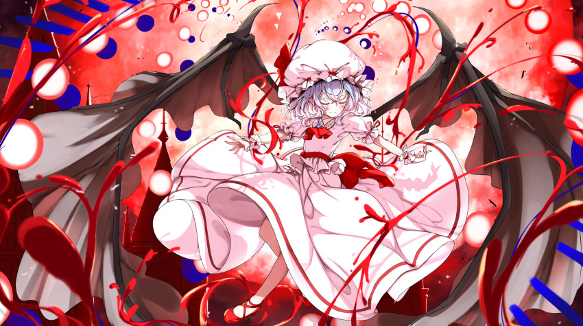 13844 1girl ascot bat_wings blood blush bow brooch closed_eyes cuffs danmaku dress ei_tantan embodiment_of_scarlet_devil flying frilled_shirt frilled_shirt_collar frilled_sleeves frills gensokyo hat hat_ribbon high_heels highres jewelry light_purple_hair long_skirt mob_cap moon pink_dress pointy_ears puffy_short_sleeves puffy_sleeves purple_hair red_bow red_footwear red_moon red_ribbon remilia_scarlet ribbon ribbon_trim sash scarlet_devil_mansion shirt short_sleeves skirt smile solo touhou wings wrist_cuffs