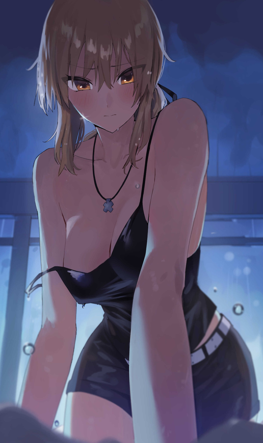 1girl absurdres artoria_pendragon_(fate) belt black_ribbon black_shorts cross cross_necklace duplicate fate/grand_order fate_(series) highres jewelry low_ponytail necklace pixel-perfect_duplicate rain ribbon rororo saber_alter saber_alter_(ver._shinjuku_1999)_(fate) shorts wet wet_clothes white_belt yellow_eyes