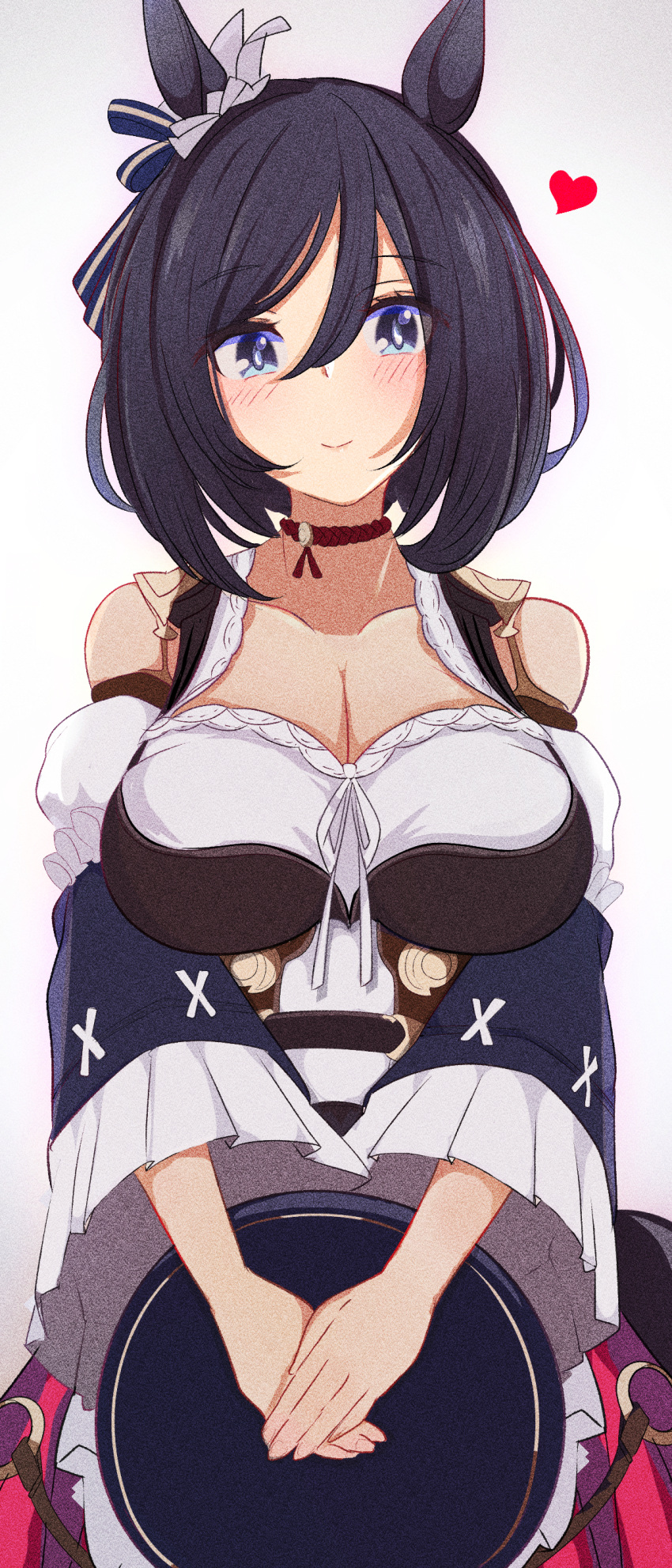 1girl absurdres amano_haruka_(sakogamitokuan) animal_ears bare_shoulders black_hair blue_eyes breasts cleavage eishin_flash_(umamusume) eyebrows_visible_through_hair film_grain frilled_sleeves frills gradient gradient_background grey_background hair_between_eyes heart highres horse_ears horse_girl large_breasts long_sleeves looking_at_viewer short_hair smile solo tray umamusume upper_body v_arms wide_sleeves